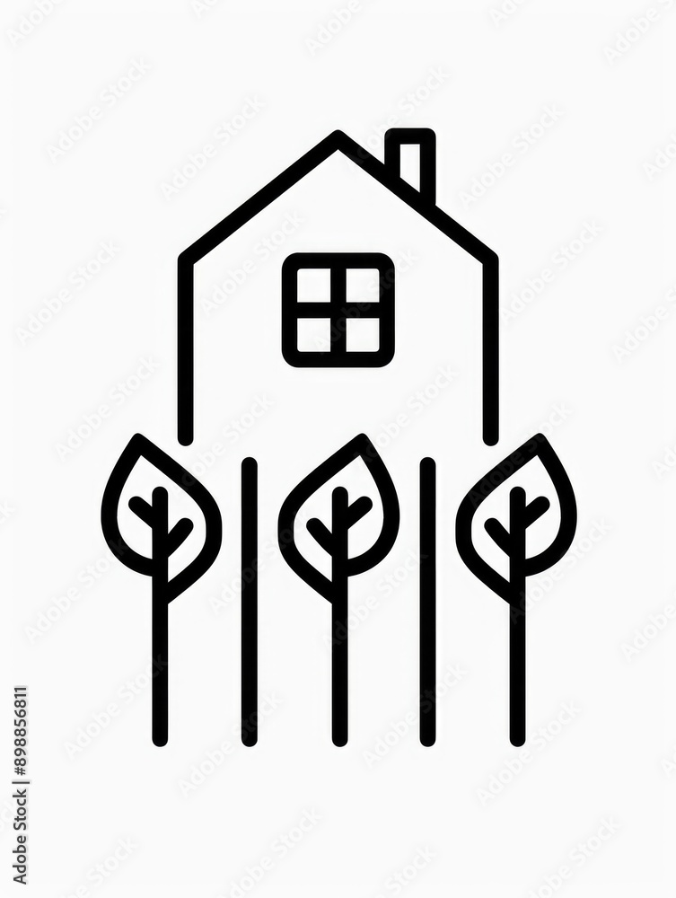 Poster a house with a window and a tree in front of it. the house is surrounded by trees and the leaves are