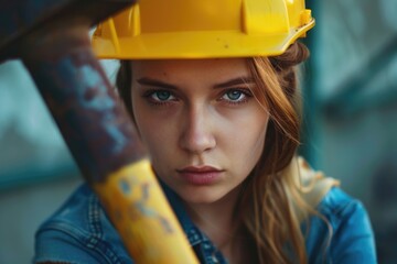 A woman wearing a yellow hard hat is looking at the camera. Concept of determination and focus, as the woman is ready for a challenging task