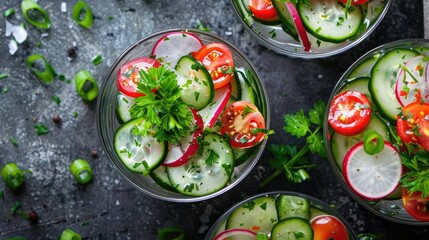 Green onion appetizer with cucumber radish and tomato served with vodka Bird s eye view showcasing a blend of food and alcohol