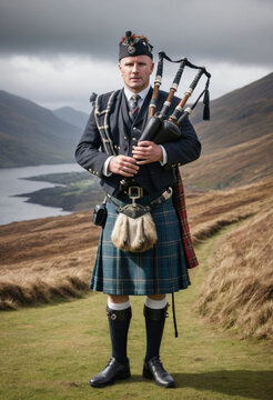  A Scottish bagpiper in traditional Highland dress. 