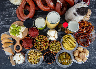 Turkish cuisine delicatessen products. Dairy and meat products. A market selling breakfast...