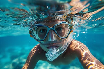 Fototapeta premium A close-up of a young boy enjoying snorkeling, showcasing the beauty of underwater exploration in a vibrant marine environment.
