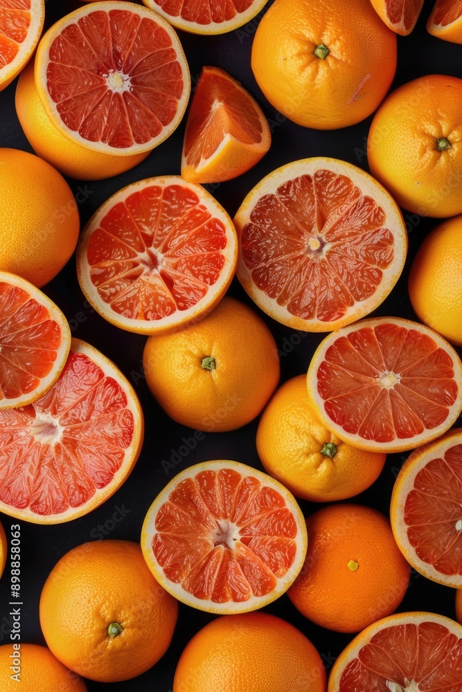 Poster a close up of many oranges with some of them cut open. the oranges are arranged in a way that they l