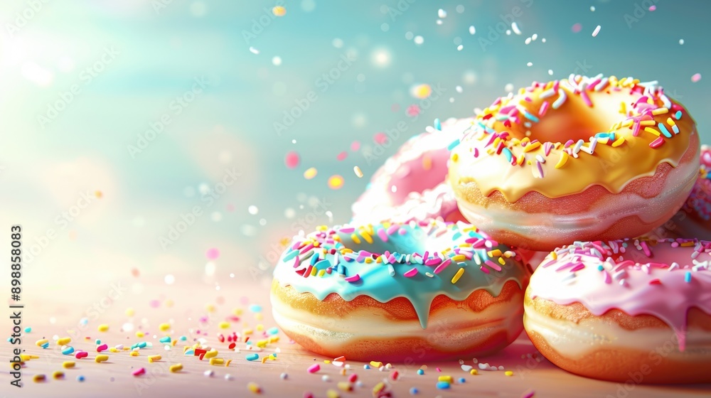 Poster a stack of colorful donuts with sprinkles on top. the donuts are arranged in a pyramid shape, with t