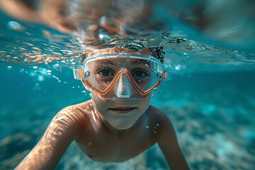 Fototapeta premium A young boy enjoys exploring underwater, showcasing a sense of adventure and curiosity while wearing clear snorkeling goggles in a vibrant marine environment.
