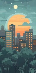 Fototapeta premium Cityscape Illustration with Sunset and Forest