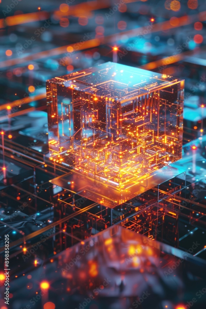 Poster a cube with a lot of lights on it. the cube is surrounded by a lot of other cubes and wires