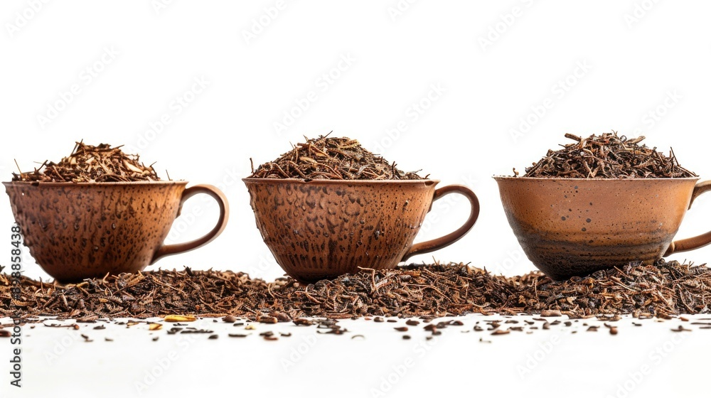 Poster three cups of different sizes filled with brown powder. the cups are arranged in a row on a white ba