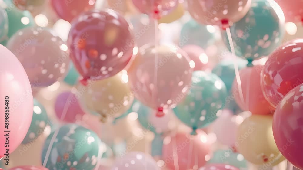 Poster a dreamy scene of pastel balloons twirling from the ceiling creating a soft and joyful atmosphere.