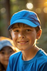 Portrait of a smiling boy wearing a blue cap. AI.
