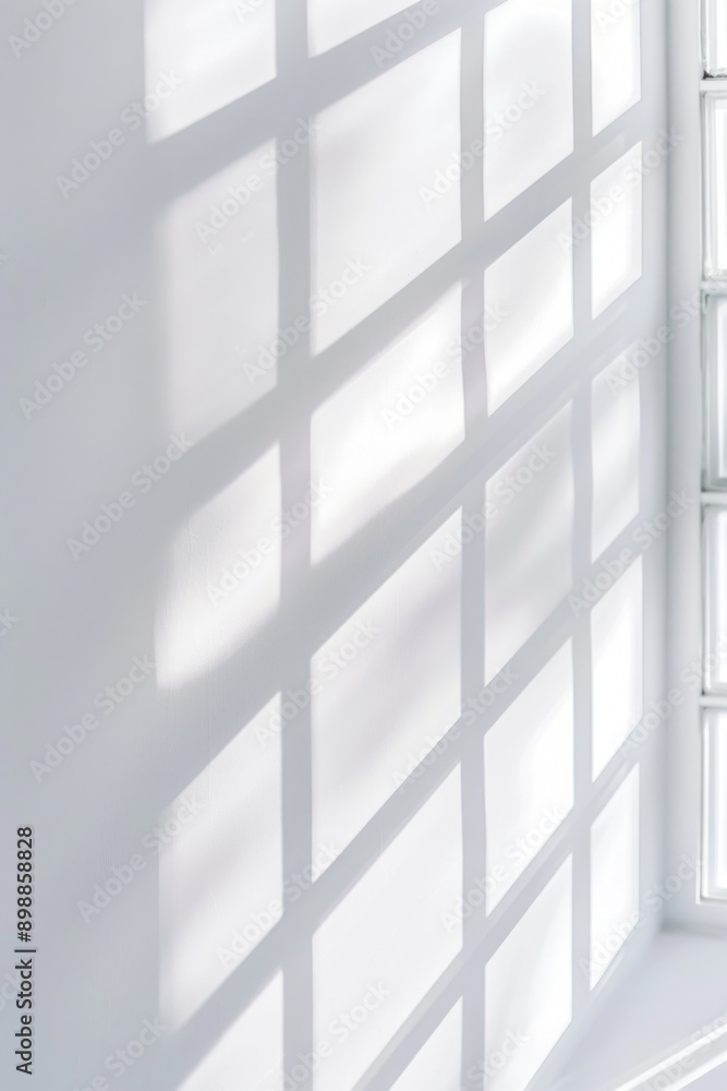 Poster a white wall with a window that is letting in sunlight. the sunlight is casting shadows on the wall,