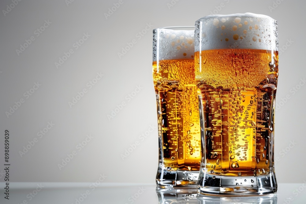 Poster close up of two frosty beer glasses with foam capturing the refreshing and inviting nature of a cold