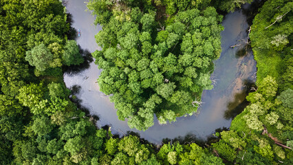 Top down view of kayaking on river in summer