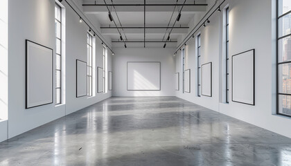Fototapeta premium Clean white wall with empty vertical frame mock up 