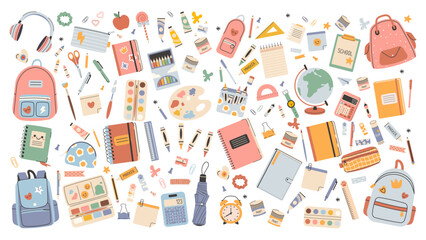 Back to school background with set of stickers. Collection of supplies with calligraphy for children. Vector illustration of art supplies and school stationery, cartoon style. Back to school season