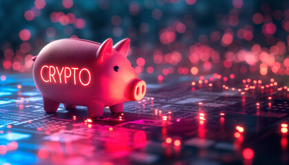Money saving piggy bank with neon word Crypto on side, abstract digital background. Investing in cryptocurrencies concept. Generative AI