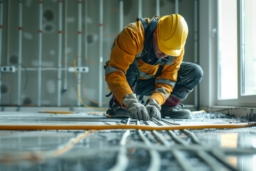 Obraz premium Construction worker carefully installing underfloor heating system in new office building during daytime. Generative AI
