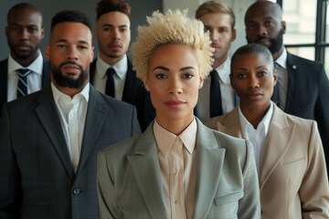 Fototapeta premium Diverse group of professionals standing together in office environment during daytime. Generative AI