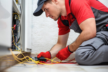Skilled technician working on electrical wiring of appliance during afternoon at residential location. Generative AI