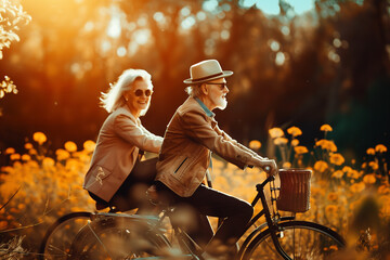 Two joyful seniors cycling through a flower field during golden hour. Generative AI