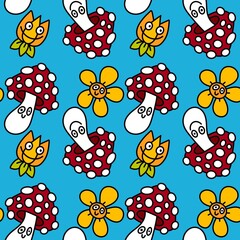 Cartoon autumn harvest seamless Halloween mushrooms pattern