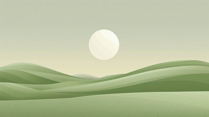 Landscape with green hills and moon in the sky.