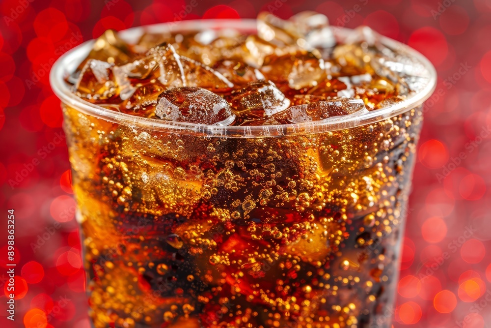 Poster close up of a fizzy cola in a plastic cup against a red background capturing the refreshing and bubb