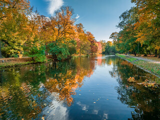 River Brda and colorful trees in Bydgoszcz at autumn, Poland.