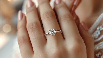 The woman has an engagement ring on her left hand, a symbol of commitment and love