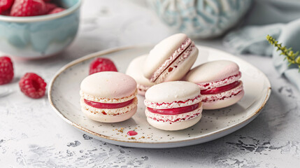 Fototapeta premium styling french macaron on a plate with props on white concrete background