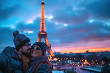 Couple taking a selfie in front of the Eiffel Tower at dusk