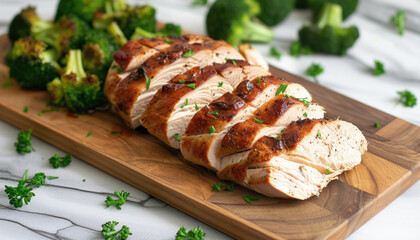 On a wooden cutting board, there is a raw chicken breast placed beside broccoli