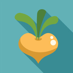 Heart shaped turnip growing with long green leaves in a flat design icon style with a long shadow