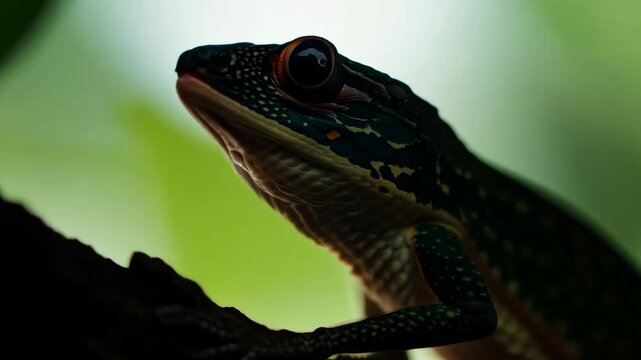 
Tilting from the side towards a leaf-tailed gecko's face, focusing on its serious expression. The background blurs, emphasizing the leaf-tailed gecko's intense gaze, highlighted by natural light and 