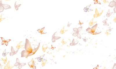 Pink and blue butterflies, lilac moths and splashes of watercolor paint. Seamless pattern. Watercolor illustration isolated on white background Delicate wings fluttering butterflies.