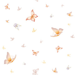 Fototapeta premium Pink and blue butterflies, lilac moths and splashes of watercolor paint. Seamless pattern. Watercolor illustration isolated on white background Delicate wings fluttering butterflies.