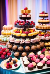 elegant dessert table display featuring array colorful sweets treats perfect special occasions, variety, cakes, pastries, cupcakes, macarons, candies