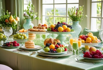 elegant brunch table displaying variety colorful fresh assorted beautiful tableware perfect gathering, dishes, fruits, pastries, food, plates, utensils