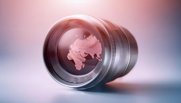 photo camera on a background with a globe, the concept of World Photography Day. map reflected in the lens. space for text
