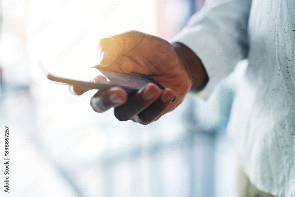 Poster phone, scroll and hand of person in office for online chat, typing and mobile app for social media. 