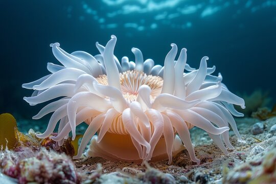 Anemone under the sea, coral anemone underwater in ocean sea.