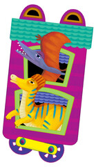 Cartoon funny looking colorful wagon with dino dinosaur animal lizard isolated illustration for children