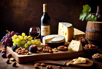 elegant wine bottle displayed next rustic cheese board featuring assorted fruits wooden table, nuts, arrangement, style, design, glass, red, white, cheddar