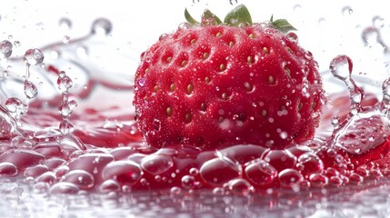 Strawberry splash  dynamic visual impact as berry plunges into water against white background
