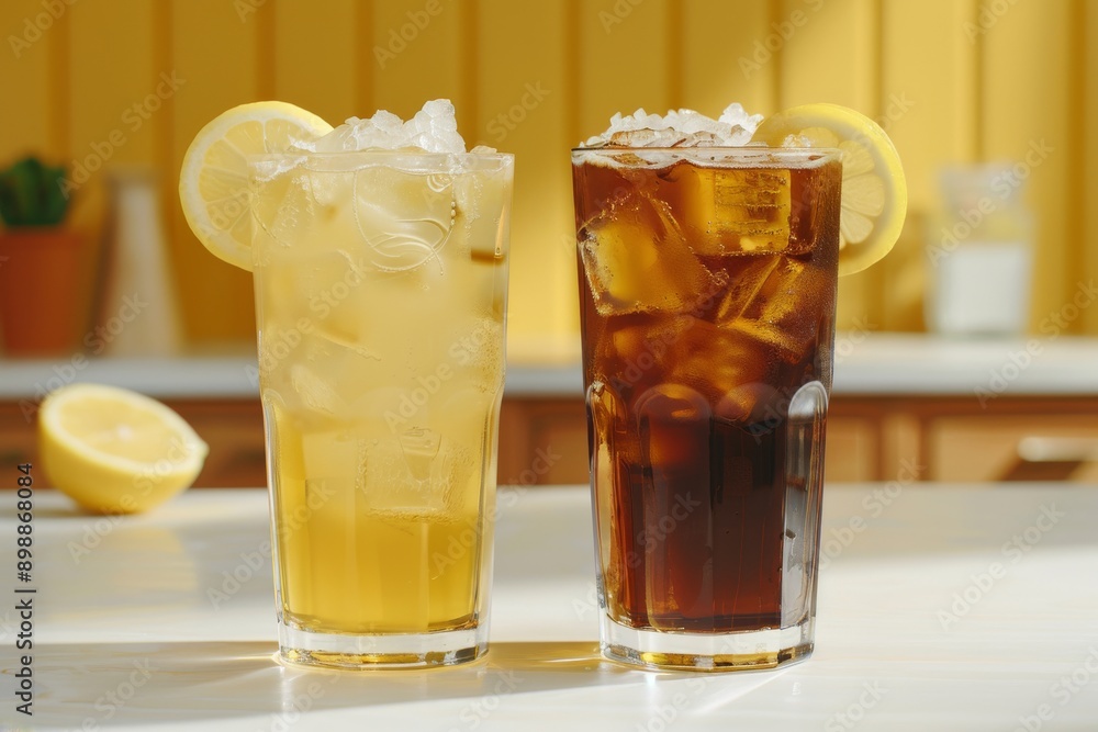 Poster refreshing lemonade and iced tea with lemon slices on a table highlighting the vibrant and cool natu