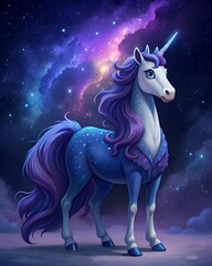 A magical night unicorn under the stars, wearing a magical cape with a developing purple mane. Postcard, poster, obloka, illustration, hero.