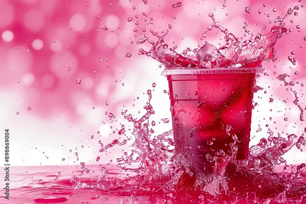 Poster dynamic splash of a pink drink against a bokeh background capturing the vibrant and energetic essenc