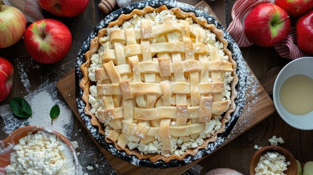 Making Slovak apple pie zemlovka with pastry and cottage cheese layer Overhead view