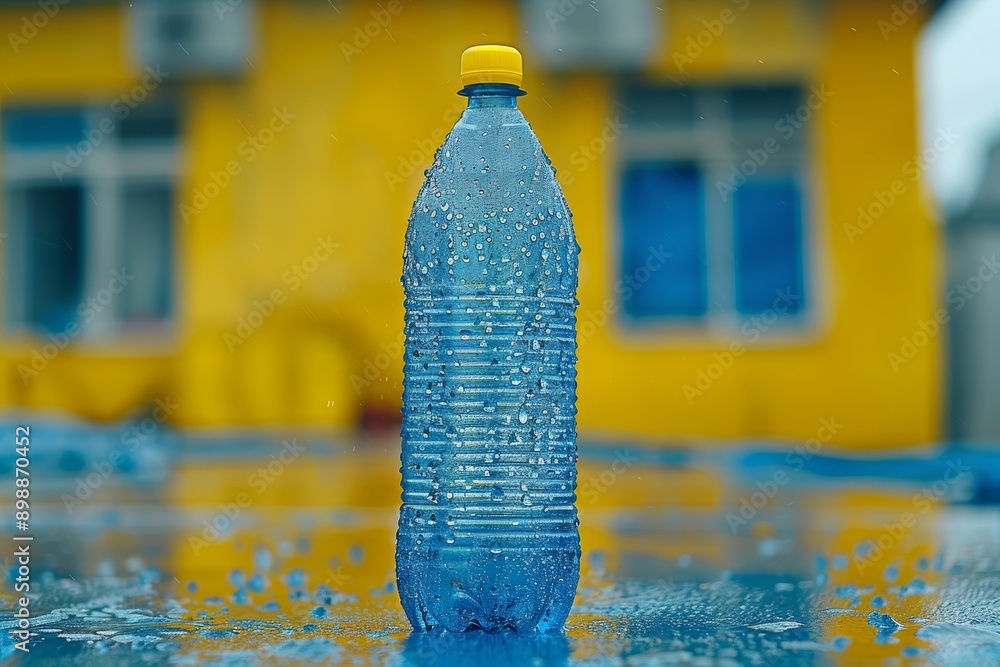 Poster blue plastic water bottle against a vibrant yellow background capturing the simplicity and functiona