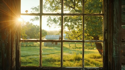 Rural American village view through antique window with sunlight no people